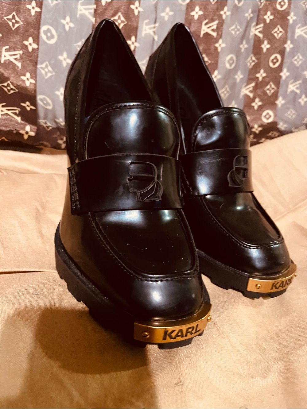 Karl Kani Black Platform Loafers with Gold Toe Plate